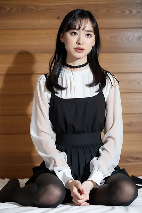 flat chested, small breasts, skinny, slender limbs, sheer white blouse over black lingerie, black pleated skirt, black knee tights, thick collar as a choker, full-body, seiza sitting with legs spread,both hands on crotch,