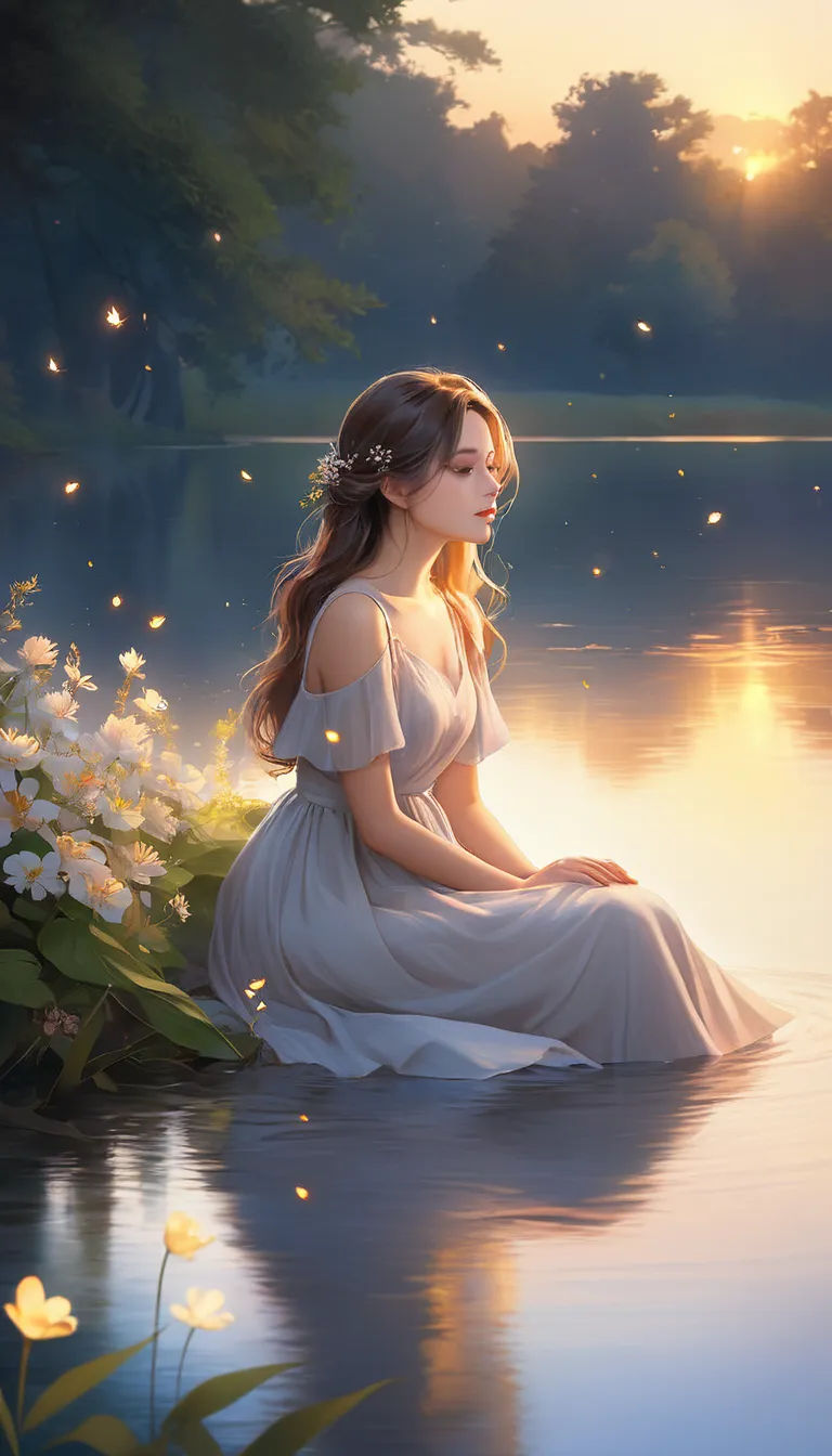 A soft and serene semi-realistic digital painting of a young woman sitting peacefully by a calm lake at sunset. She wears a flowing, elegant dress, and her hair gently moves with the evening breeze. The golden light reflects off the water, creating a tranq...