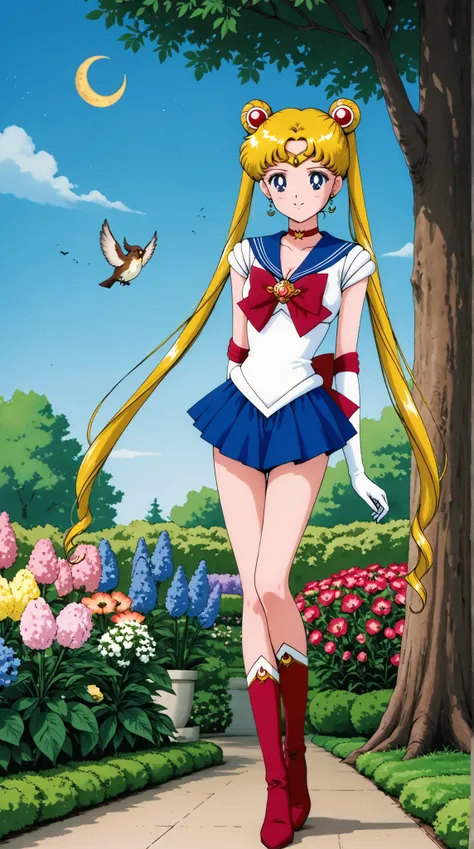 usagi tsukino, blonde hair, blue eyes, double bun, hair bun, hair ornament, long hair, twintails, circlet, parted bangs,back bow, blue sailor collar, blue skirt, bow, brooch, choker, crescent moon, elbow gloves, gloves, jewelry, magical girl, pleated skirt...