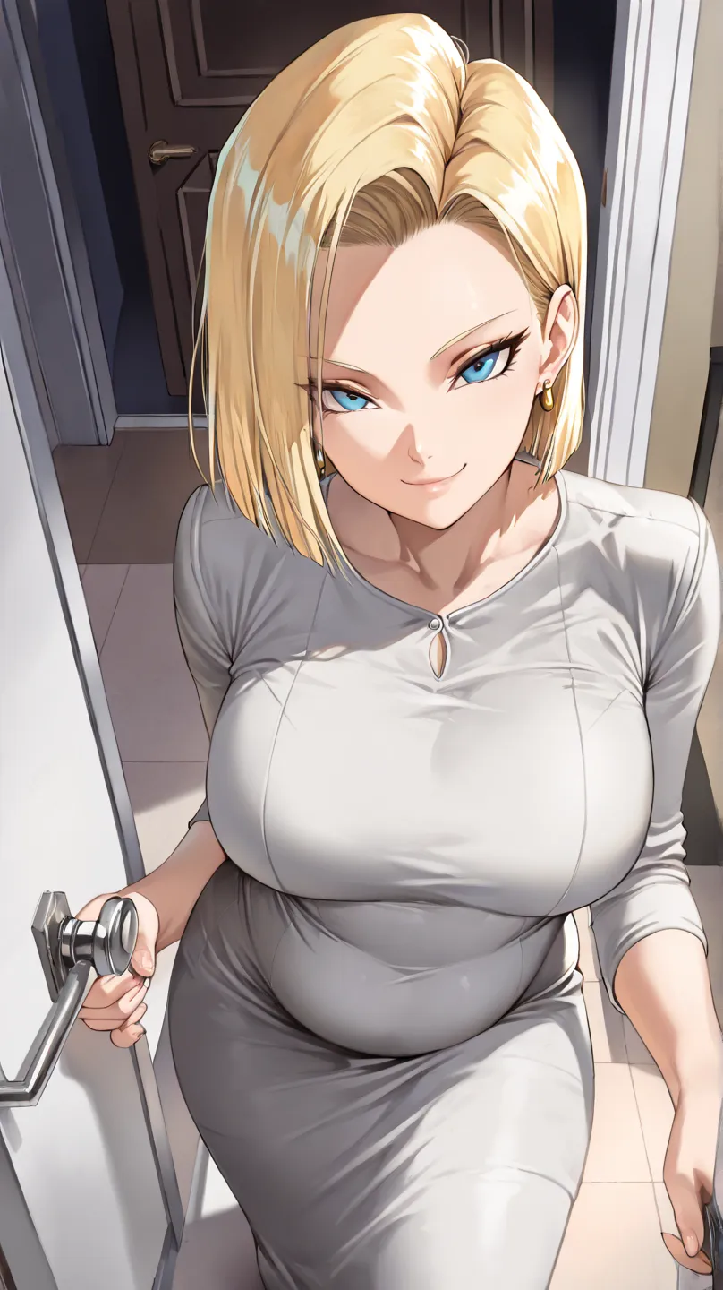 (( best quality )), ((Masterpiece)), (  Details), android 18, blonde  hair,  short hair, dongtan dress , Clothes that fit the body , looking at viewer, 1girl, solo, hot sexy woman with huge  and thighs , Belly fold , Fat body, entrance, Wearing earrings, e...