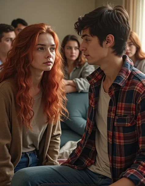 A Close-up of Realistic Scene 22-year-old red-haired woman with long, wavy hair stands at the TV Lounge. She is wearing a white T-shirt and blue jeans. She has a cautious yet determined expression as she talks to a 24-year-old Brother standing near Her. Th...