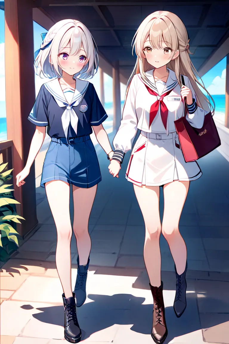 2 girls、 character for V21（ light beige hair、Up to the shoulders、Curl inward、 white sailor suit、灰色チェックのミニskirt、Light beige eyes、Long、smile）、 character for V2２（black髪、long hair、ensemble suit（black）、bottom（skirt）、 inner（ blue t-shirt）、 purple eyes）、 blush、 h...