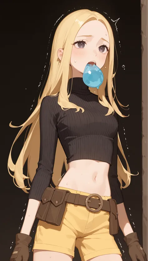 ((masterpiece,best quality)) ( cartoon_LorA}, {horror_edit : } {} { ({ (Terra, 1girl, yellow shorts, solo, long hair, blonde hair : forehead } { gloves, black turtleneck, midriff, belt, belt pouch }    {  :} {standing : widely opened mouth : slime exiting ...