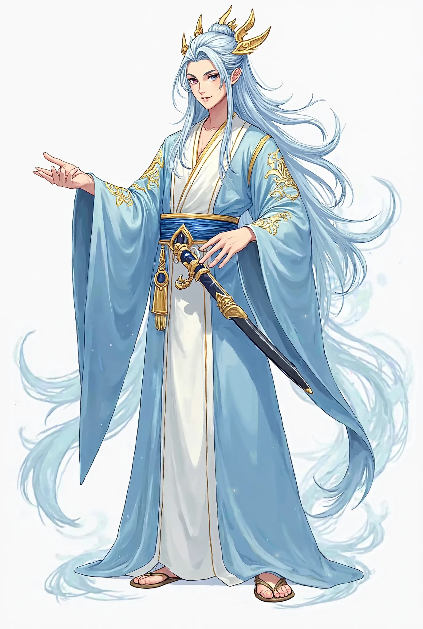 Anime art style character concept art, flat colors, of an Asian water dragon god human guy, having front, left, right, and back view like a character concept sheet

Clothing: Flowing blue and white robes, possibly inspired by fantasy or traditional Eastern...