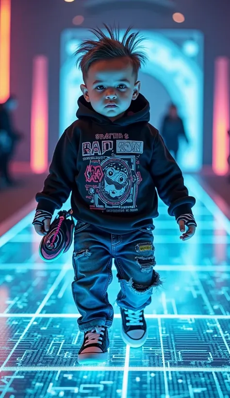 A daring 20-month-old baby boy confidently walks down a neon-lit runway with a cyberpunk theme, featuring glowing grids and digital projections. He wears a graphic hoodie with a retro-futuristic design, distressed denim jeans, and high-top sneakers that li...