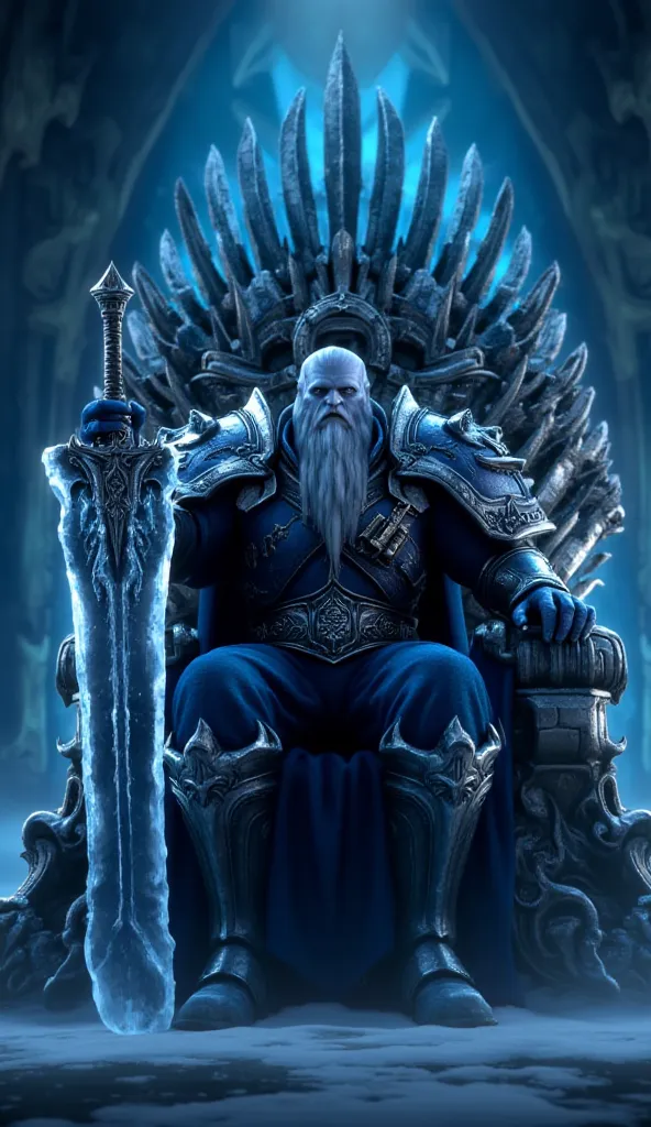 ((Hyperrealistic)) ((Precise)) ((High quality)) ((4k)) ((Perfect)) ((Masterpiece)) Arthas as the Lich King, he wields his ice blade Frostmourne that has its blade covered in ice, he is sitting on the ice trone without his helmet Ice Crown. Background is th...