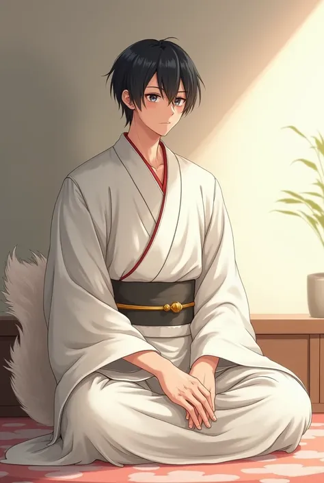 an adult male with a Samoyed tail、 short dark hair 、Anime-style images、ratio of 7 gentleness and 3 masculinity、 kimono、 calm room atmosphere、is smiling