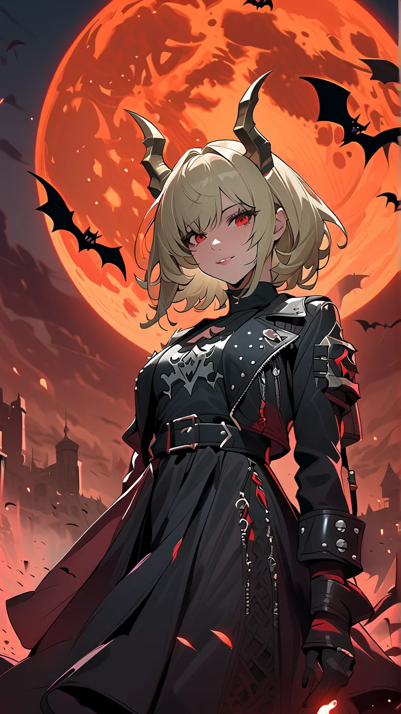 "A dark fantasy anime-style illustration of a young demon girl standing confidently under a massive, glowing blood moon. She has short, light blonde hair with two black curved horns protruding from her head, and striking red eyes that glow ominously. She w...