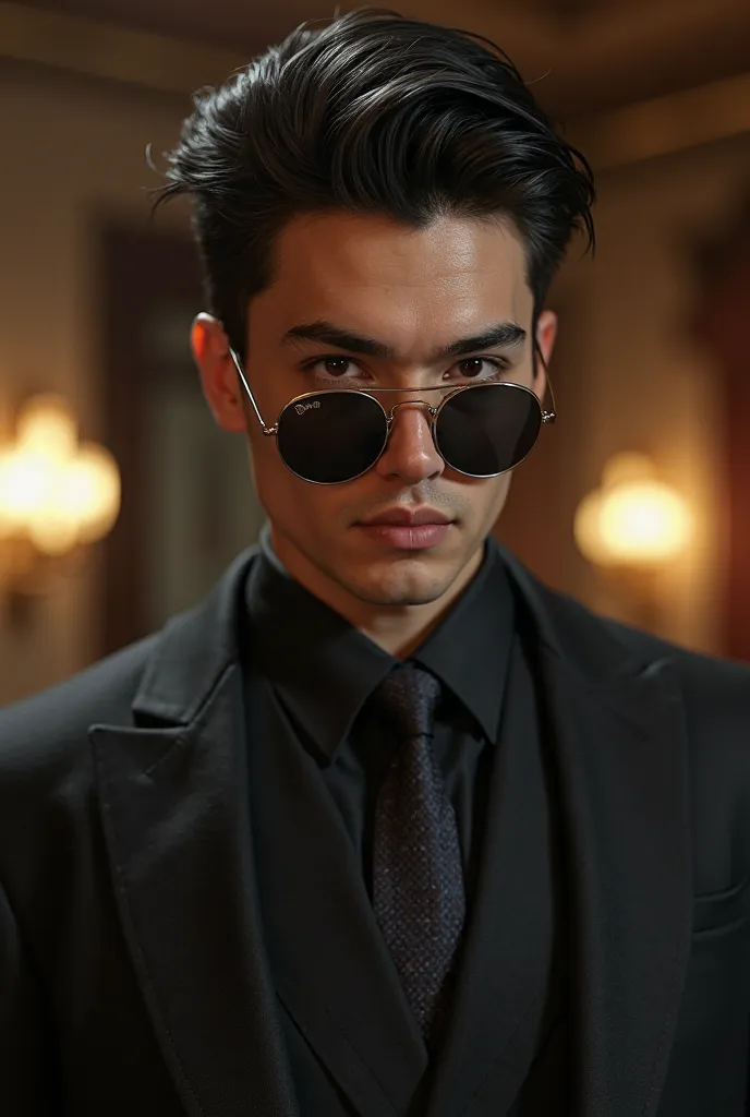 A young man with black hair and brown eyes. He’s in the family mafia and he has sunglasses resting.