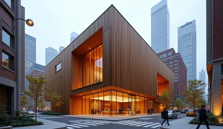 Contemporary building with wooden façade in the center of a city 