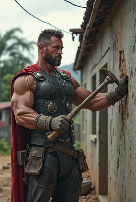 "Create a highly detailed and realistic image of Thor from the original movies, wearing his signature black outfit, working as a construction laborer. He is seen hammering a nail into the wall of an unfinished house, showcasing his strength and focus. The ...