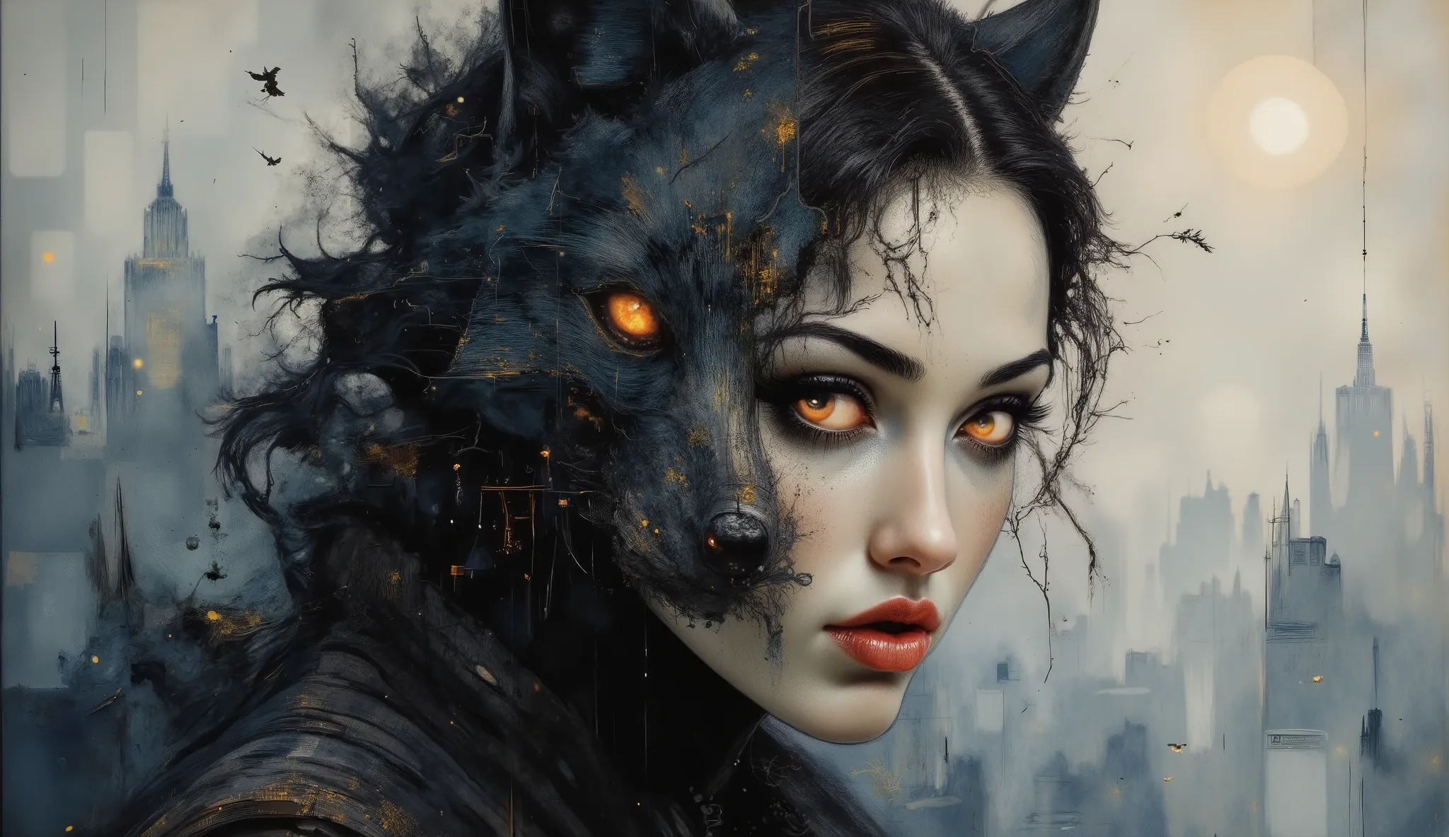 a digital illustration of a black wolf face merged with a female face, glowing orange eyes radiating intensity, intricate fur details blending seamlessly with human skin, inspired by Lois van Baarle; soft grey gradient background emphasizing the mysterious...