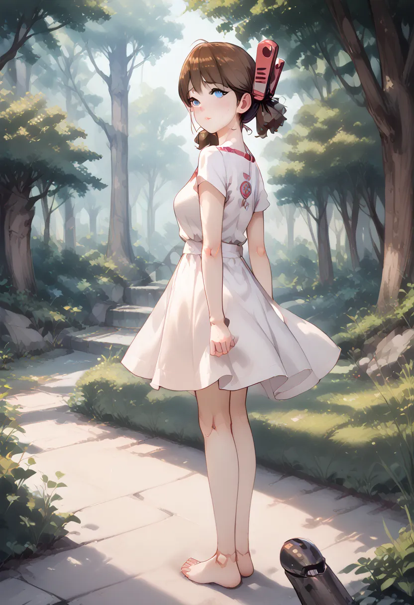 A girl is jumping up on the forest, Middle age, joint seam,full body view, height 160 cm mechanical lady, skin pigment , she gets ecstasy, very short pigtails, brown hair, Hair tie with two red big red clothespins, mature, android, blue eyes, full body fig...