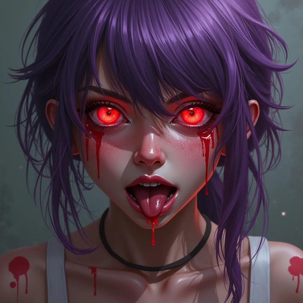 A girl, shot, My face is red,  red eyes, PURPLE HAIR, chest, tongue, Drooling,  Yandere, 