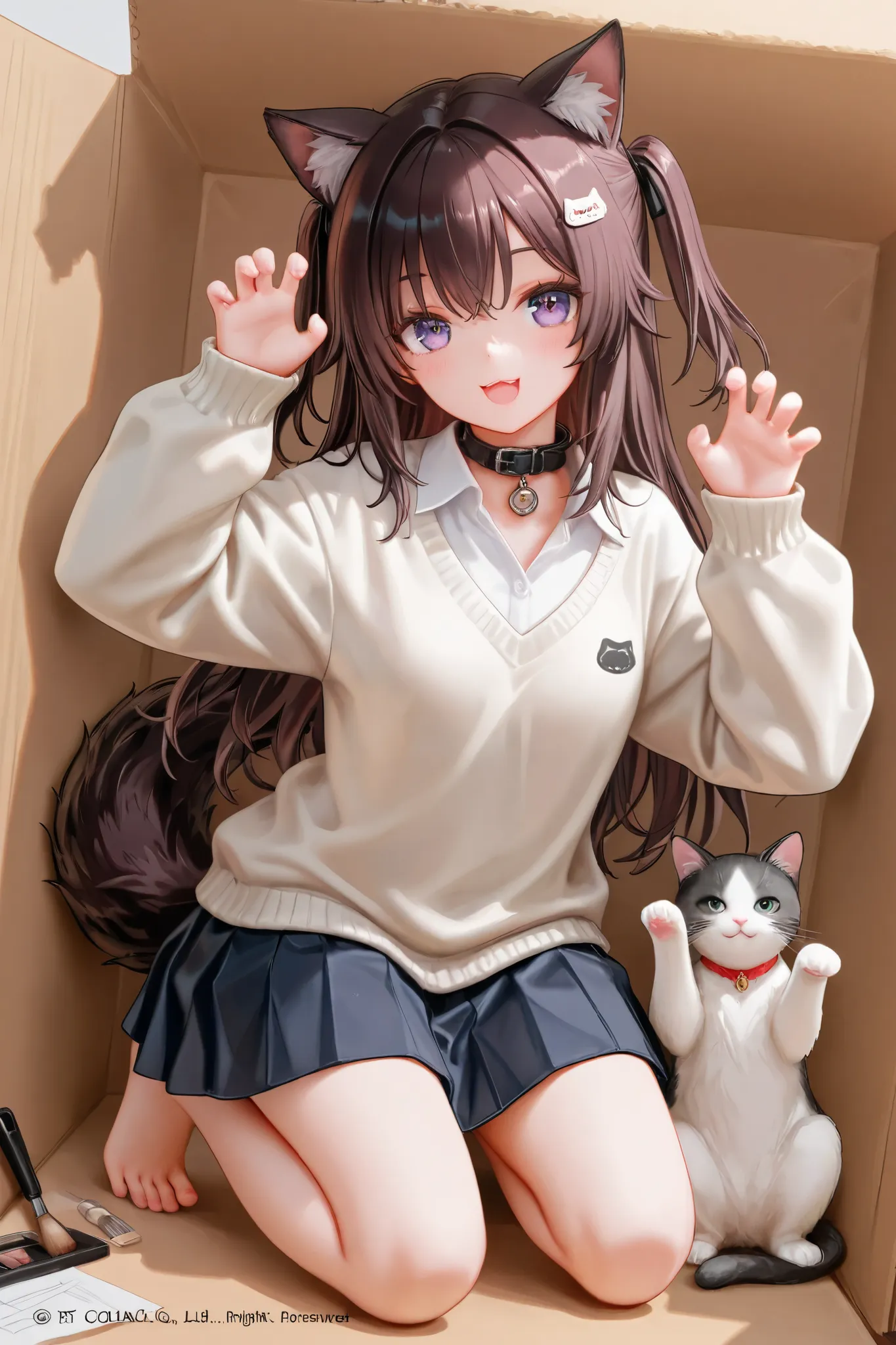 1girl, cat ears, purple eyes, barefoot, shirt, animal ear hair, claw clip pose, tail, soles of feet, cat, toes, feet, bobbed hair, stupid hair, white shirt, one person, watermark, looking at viewer, in a container, box, in box, two side up, skirt, virtual ...