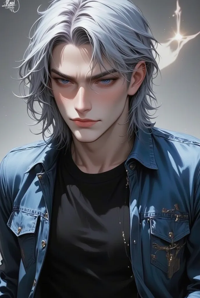 male,gray hair long enough to cover the ears,  Bangs that break up in the middle,shiny hair , denim short length jacket,Black round neck inner,Grey trousers, Trained Body , blue eyes, masterpiece , Telephoto Lens,  Close