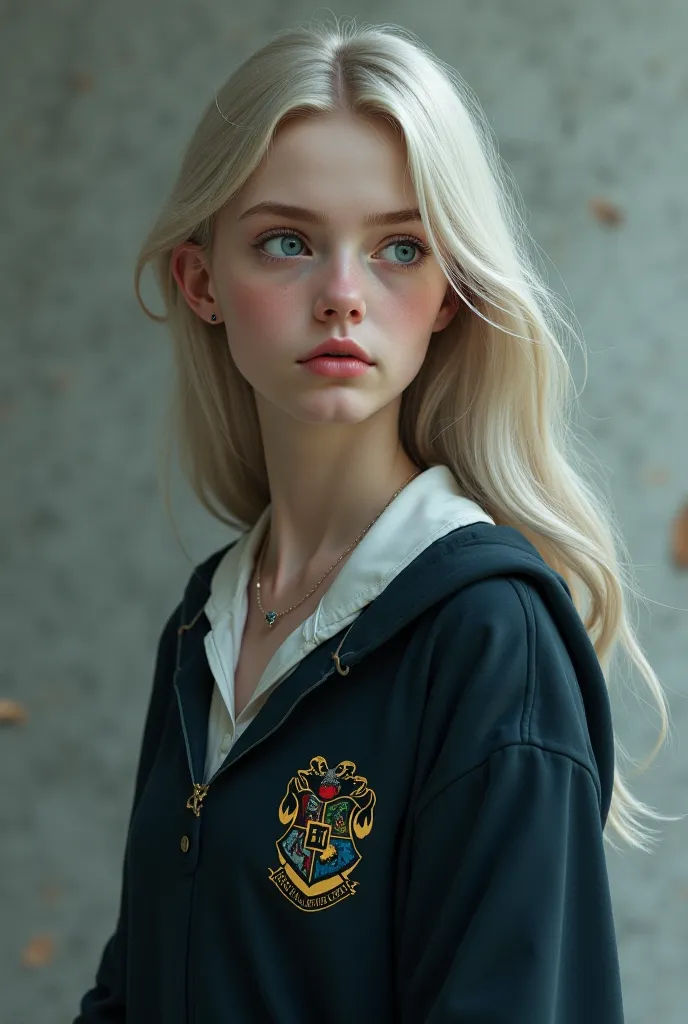 I want a similar style to Dasha Taran, but with silver-blonde hair, light blue eyes, a necklace, a faint crescent-shaped scar on the right arm, and a Hogwarts school uniform.