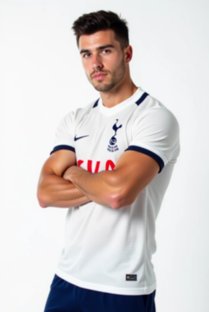  handsome man, with dark black hair combed back, Age 20 years, Muscular, Shaved, light brown eyes, white,  Perfect Features ], dressed in a white Tottenham Hotspur soccer jersey and blue shorts Tottenham Hotspur, poses on a white background. He is posing d...