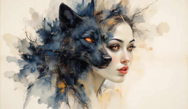 a watercolor painting of a black wolf face blending with a female face, glowing orange eyes glowing intensely, delicate brushstrokes capturing soft yet wild energy, inspired by Marcos Beccari; muted greys blending seamlessly, contrast between fluidity and ...