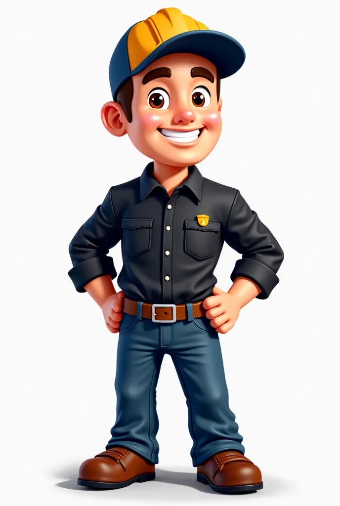 Create a mascot for a construction materials store specializing in the sale of gravel and sand. The mascot should resemble a truck driver, conveying friendliness, confidence, and professionalism. He should wear a uniform consisting of a long-sleeved black ...