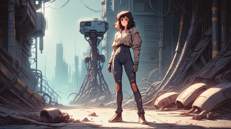 1girl, full length, solo, female focus, science fiction, cyborg, dark clothing, woman with medium wavy hair and brown eyes with a mechanical body and mechanical parts, standing at night in an abandoned dark spaceship, expression of distress, beaten face, A...