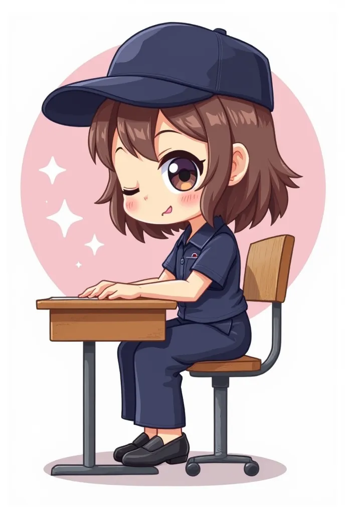 A cute cartoon style illustration of a brown-haired girl, wearing a dark blue short-sleeved uniform, dark blue slacks and a hat, and black pumps. She has a sleepy look and big round eyes. She is sitting and sleeping at her desk. The background is a light p...