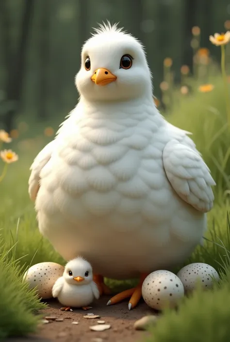  quail , white, plump, against the background of grass and quail eggs with small quails