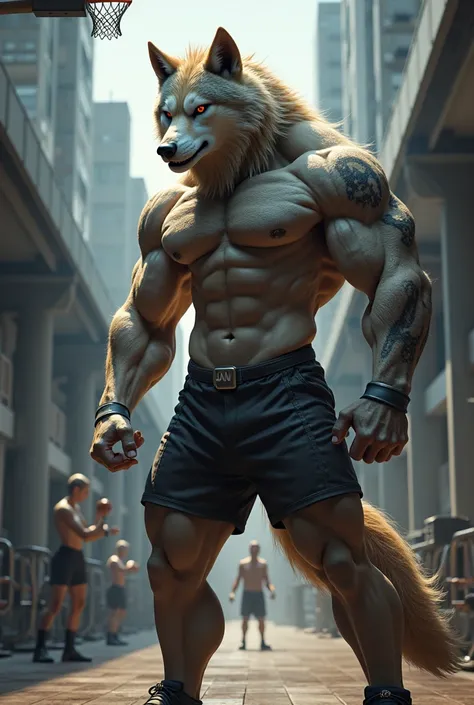 a muscular wolf with striking player looks, by the white people holding a volleyball and a gym weight