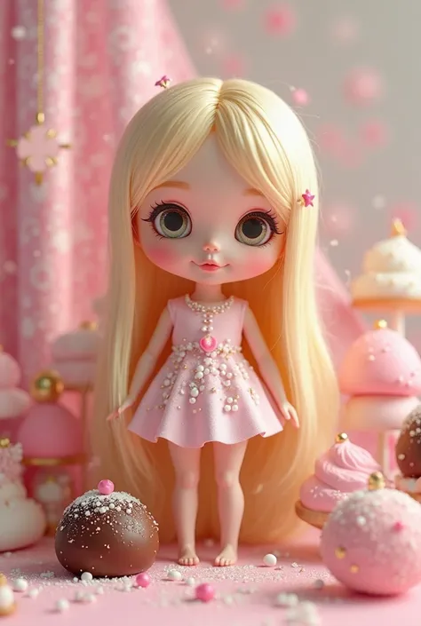 Create a cute Avata doll long straight blonde hair with light eyes white color the doll with confectionery themes with a brigadeiro