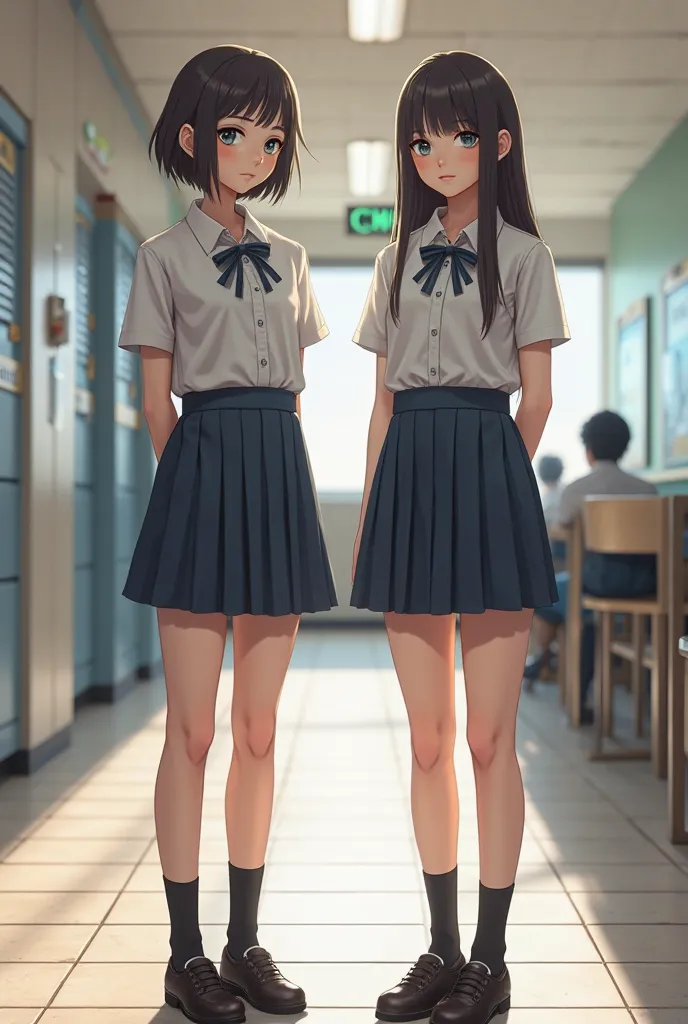 Can you make the uniform more realistic as in no belly showing along with them standing on the ground in a school