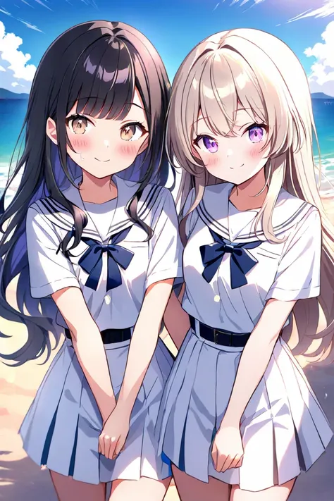 2 girls、 character for V21（ light beige hair、Up to the shoulders、Curl inward、 white sailor suit、灰色チェックのミニskirt、Light beige eyes、Long、smile）、 character for V2２（ black hair、long hair、 black suit、bottom（skirt）、 inner（ blue t-shirt）、 purple eyes）、 blush、 hold ...