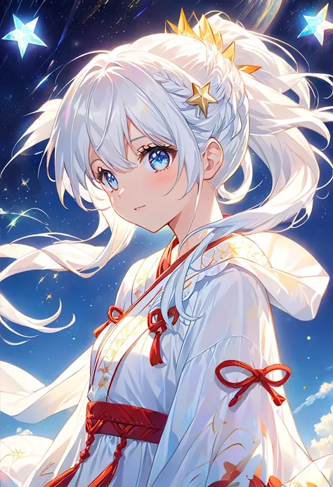 anime girl with long white hair and a star in her hair, White-haired goddess, cosmic hair anime girl, star(null) starry_null, cute girl anime visual, splash art anime loli,  white shining aura , White Hair Girl, Ethereal Anime, akasuki voidstar,  Celestial...