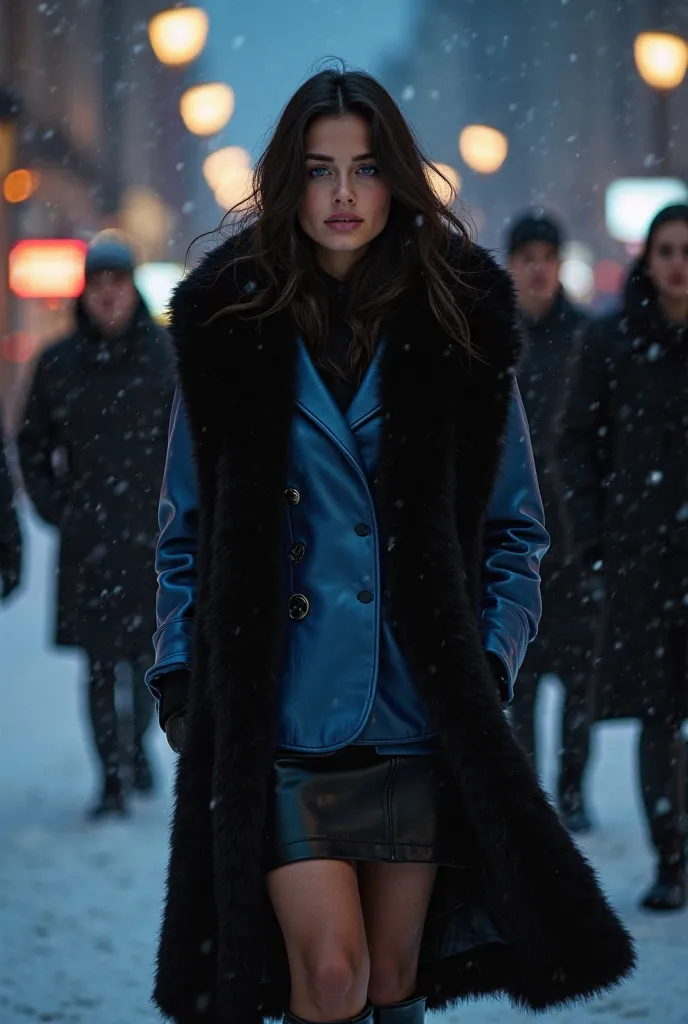 The young Sanna Marin with dark hair as a Mafia boss in a fancy blue leather blazer with, black leather skirt, black boots and a big black fur coat. She is standing in the Streets of Helsinki in Finland at a winter night with her fellow mafia members behin...