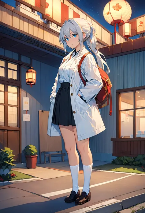 masterpiece, 最high quality, high quality, High Resolution, 1 girl, Alone, aqua ( konosuba ),  Lantern,  long hair,  blue eyes, white shirt , long white coat, black office skirt , thigh high socks, full body, standing, has hands in pockets, , bitches line u...