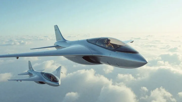 Imagine a close side view of a futuristic airplane like the XB-1 and a traditional flying car like the Alef aeronautic flying car, flying side by side in the sky with the Flying car leading the airplane. There should be visible pilots inside the Flying car...