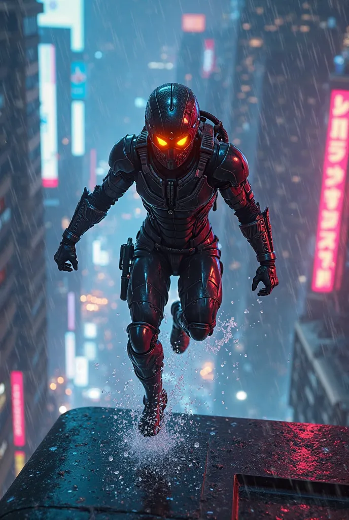  Neon Justice

A futuristic cybernetic warrior lands from a high jump onto a rain-slick rooftop, neon lights reflecting off their sleek, battle-worn armor, rain droplets frozen mid-air, their intense glowing eyes locked onto an unseen enemy, wind whipping ...