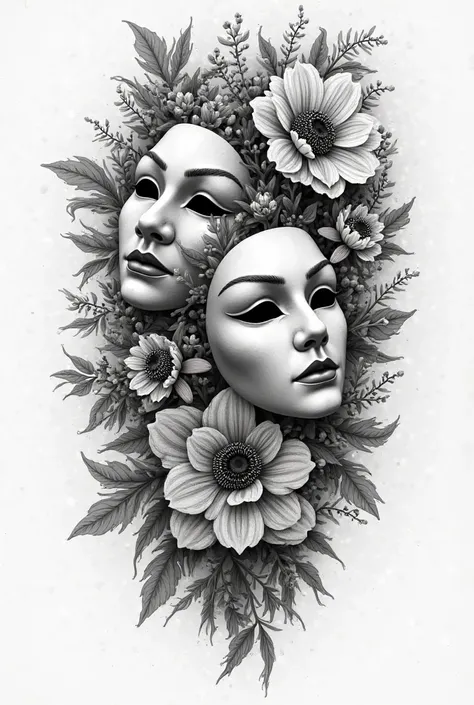 Make me a realistic tattoo template with theatre masks in the side view and lots of flowers. with marigold, violet and aster. It should be black and white but not too deep black.mache das tattoo feminin