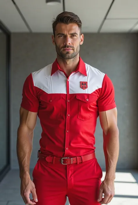 Red and white executive uniform, short sleeve for men