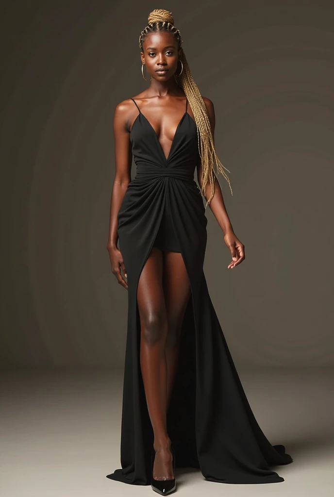 A black woman with light caramel skin, with a sculptural body and long legs. She wears a haute couture dress with a structured and sophisticated cut, sem necklines ou  transparency s. The fabric is opaque and luxurious, with details that accentuate her sil...