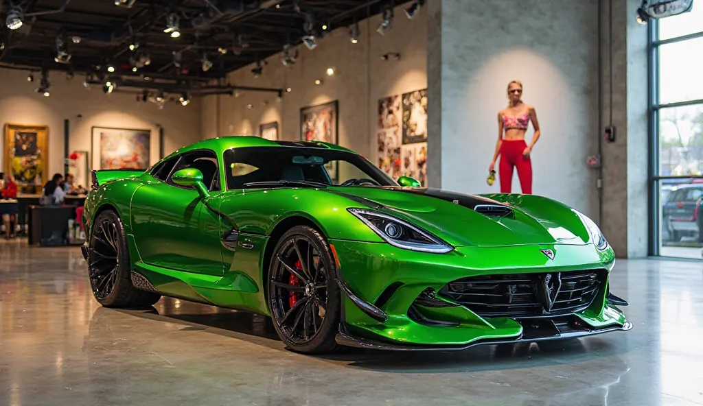 New dodge viper 2025 green colour the Americana Super car interior open door interior view in the showroom 