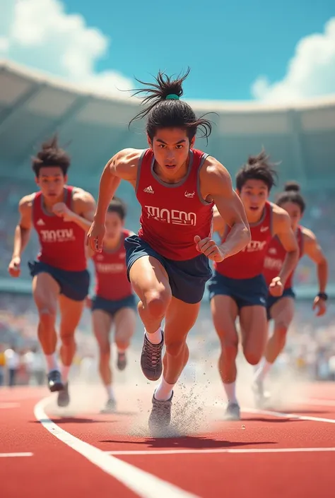 A team of ren reaching the finish line in an athletic race 