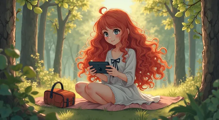 a gamer with long red curly hair in nishniki plays in a cozy atmosphere digital anime illustration,  loish ,  beautiful anime style -арта,  Anime girl with long hair,  beautiful anime style ,  Digital anime art , Anime style illustration,  background art ,...