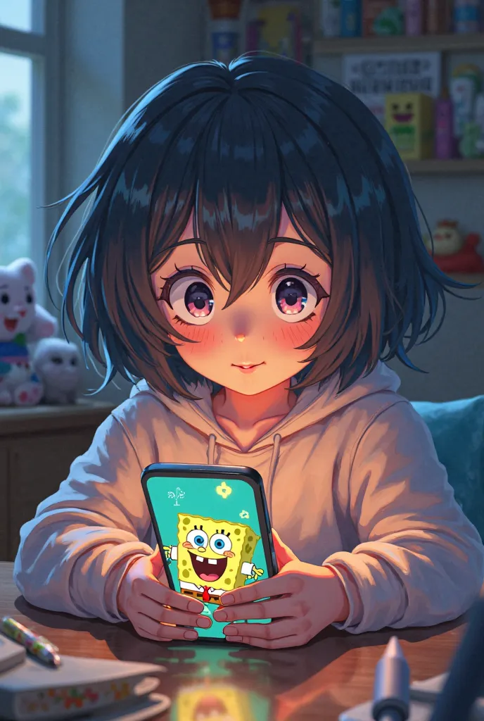 Anime character playing SpongeBob on cell phone 