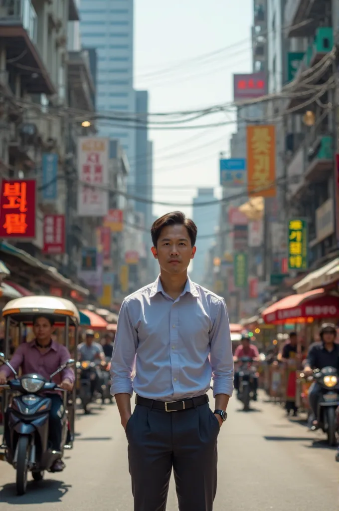 A Korean man standing in the middle of a street in Bangkok