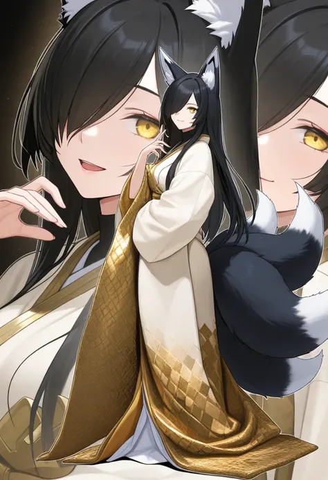 1 ,  fox tail,  multiple tails , black hair, long hair, animal ears, masterpiece,  Yellow Eyes,  Kitsune, hair over one eye,  Light Smile , white and gold kimono, close-up,  portrait, Open Mouth, sweater looking at the viewer, full body.
