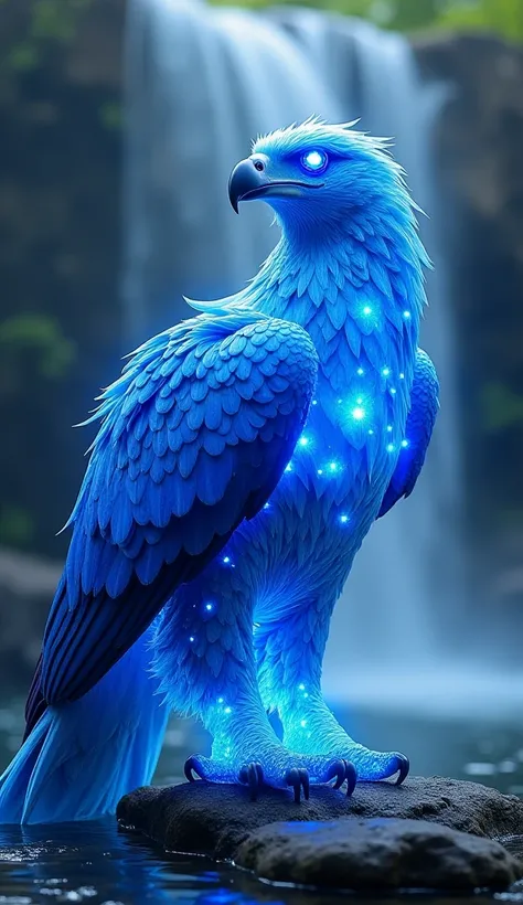 A majestic hybrid fusion of an eagle and a mystical blue gem. The eagle's feathers transition from deep sapphire at the tips to a brilliant icy blue in the center, glowing with magical energy. Its eyes shine like polished blue diamonds. The scene is set in...