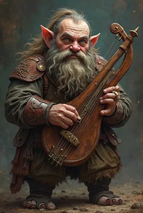 A 103 year old dwarf bard 128 centimeters tall and 82 kilos, with blue eyes , tanned complexion and brown hair, holding a lyre and wearing leather armor