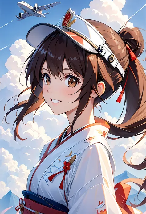 1 girl, Dragon Castle (fleet this), Alone, brown hair, twin tails, brown eyes, visor cap, correct, open your mouth, aircraft, smile,  airplane , white background,  Japanese Clothes, simple background, His posts, upper body,  long hair