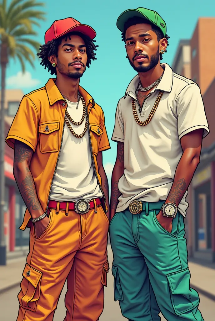 2 young people , one white and one brown dressed like reggaetoneros with a cap, chains, wide pants, wide polo shirt, Clock, earrings. Let them both be men and cartoon design