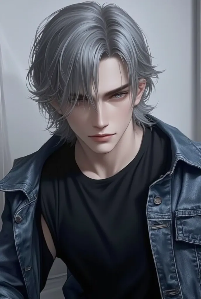 male,gray hair long enough to cover the ears,  Bangs that break up in the middle,shiny hair , denim short length jacket,Black round neck inner,Grey trousers, Trained Body , blue eyes, masterpiece , Telephoto Lens,  Close